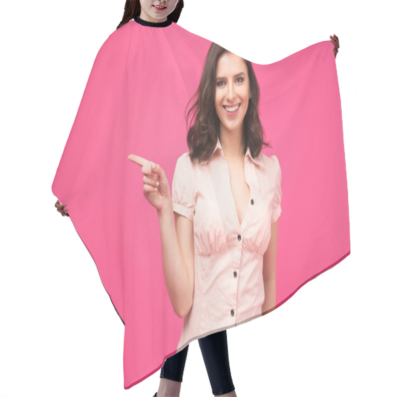 Personality  Happy Young Woman Pointing Finger Away Hair Cutting Cape