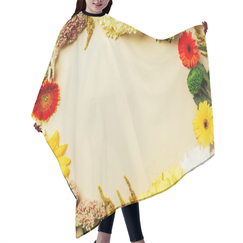 Personality  Flat Lay With Various Beautiful Flowers Arrangement With Blank Space In Middle On Beige Background Hair Cutting Cape