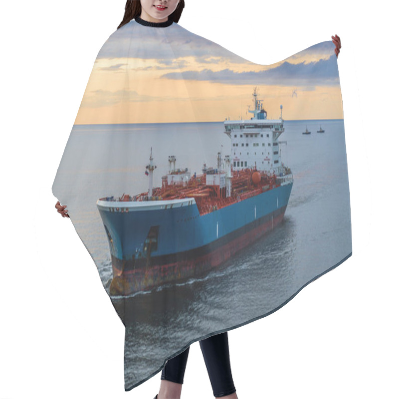 Personality  Tanker At Sea, Aerial View. Large Blue And White Ship In The Bay At Sunset. Hair Cutting Cape