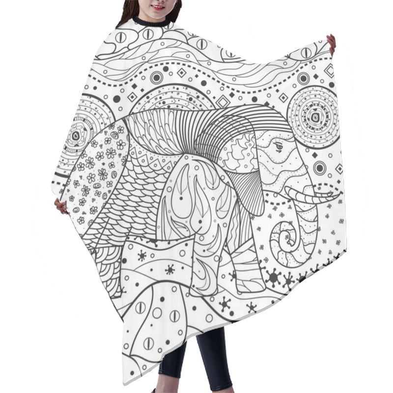 Personality  Abstract Eastern Pattern. Elephant On Square Mandala. Hand Drawn Animal With Tribal Patterns On Isolation Background. Design For Spiritual Relaxation For Adults. Black And White Illustration Hair Cutting Cape