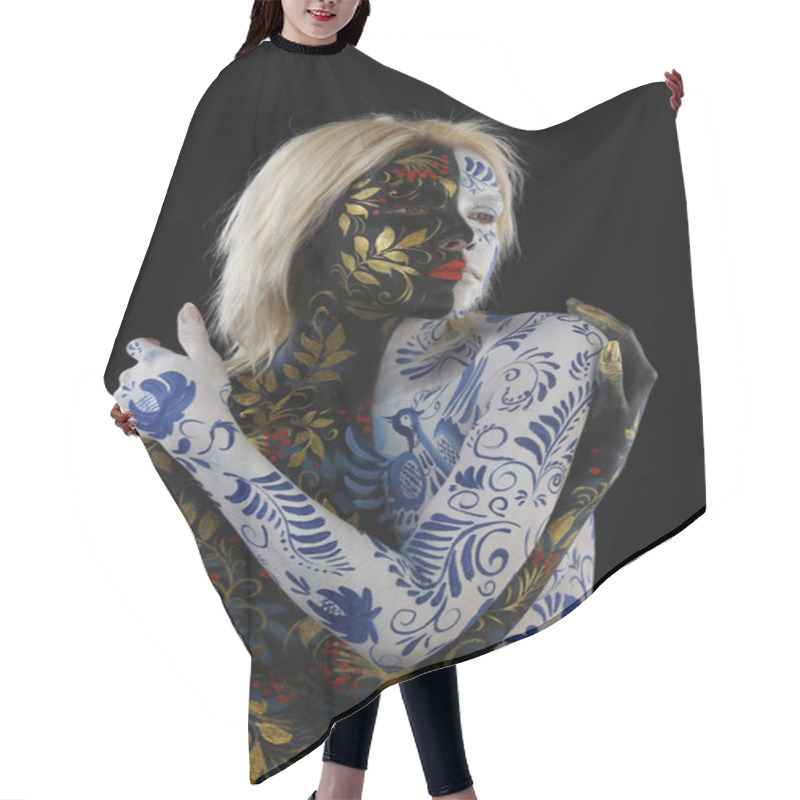 Personality  Body Art Portrait Of A Girl In The Style Of Khokhloma And Gzhel On A Black Background Studio Hair Cutting Cape