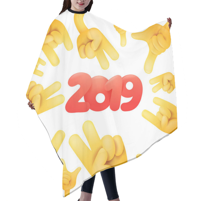 Personality  2019 Happy New Year Card Design With Yellow Emoji Hands Vector Illustration Hair Cutting Cape