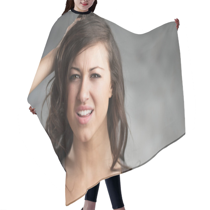 Personality  Confused Young Caucasian Woman Portrait Hair Cutting Cape