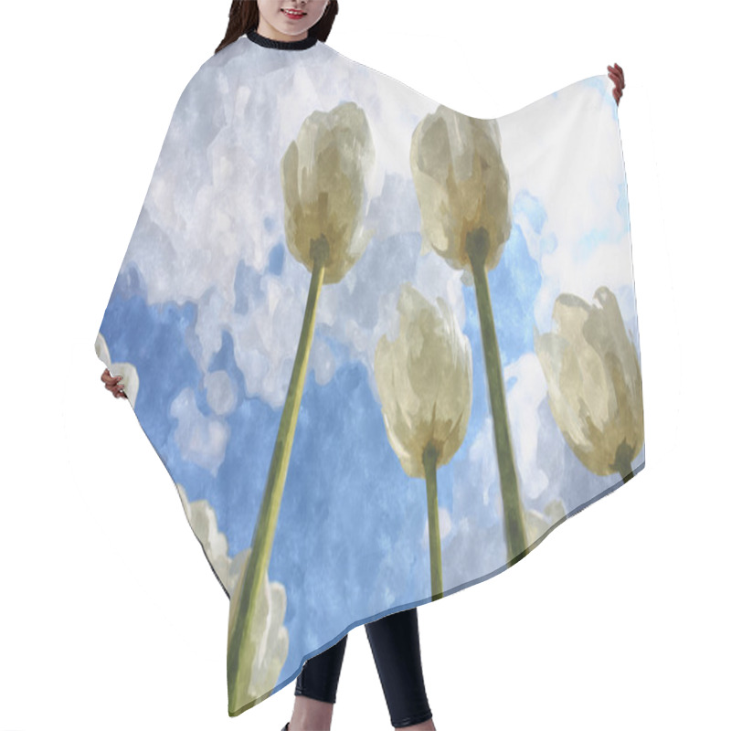 Personality  White Tulips On Cloudy Sky Background Watercolour Illustration Hair Cutting Cape