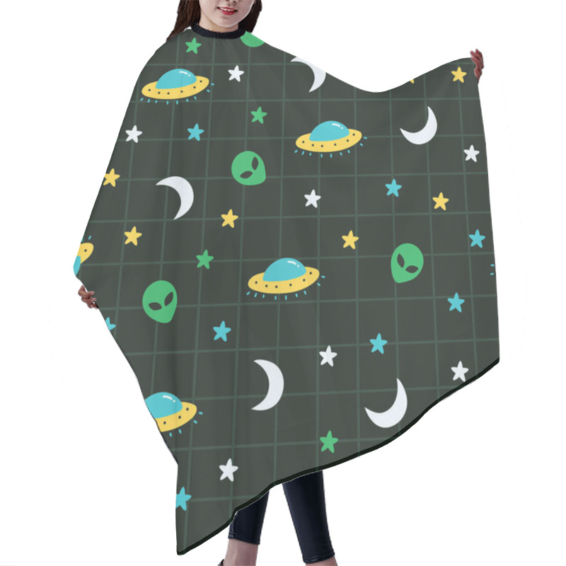 Personality  Alien, Ufo, Moon, Star Outer Space Pattern. A Playful, Modern, And Flexible Pattern For Brand Who Has Cute And Fun Style. Repeated Pattern. Happy, Bright, And Magical Mood. Hair Cutting Cape