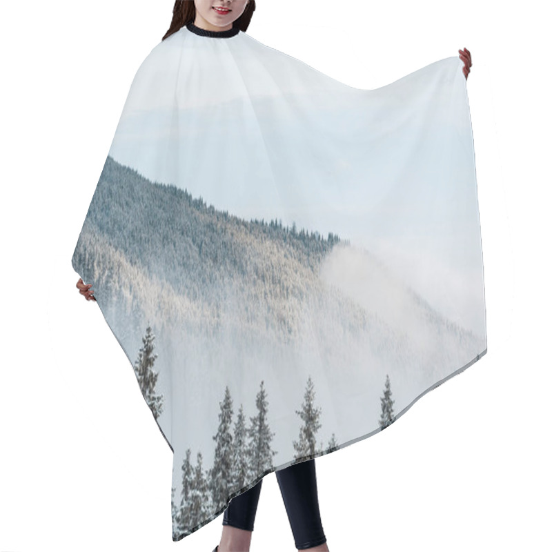 Personality  Scenic View Of Snowy Mountain With Pine Trees And White Fluffy Clouds Hair Cutting Cape