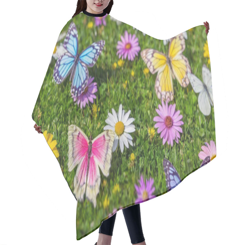 Personality  An Embroidered Depiction Of A Springtime Meadow Filled With Butterflies And Flowers, Where Soft Pastel Threadwork Highlights The Gentle Movement Of Petals And The Vibrancy Of Spring Colors. Hair Cutting Cape