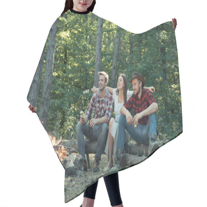 Personality  Summer Vacation Forest. Group Friends Spend Leisure Weekend Hike Picnic Forest Nature Background. Happy Young People Camping In Woods. Hair Cutting Cape