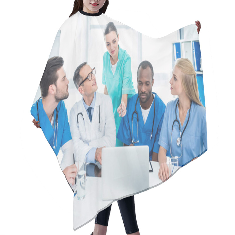 Personality  Doctors Brainstorming And Using Laptop Hair Cutting Cape