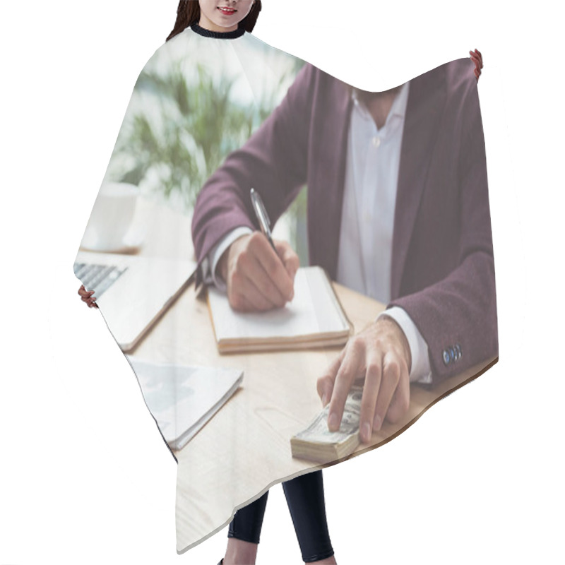 Personality  Businessman Writing And Holding Dollar Hair Cutting Cape