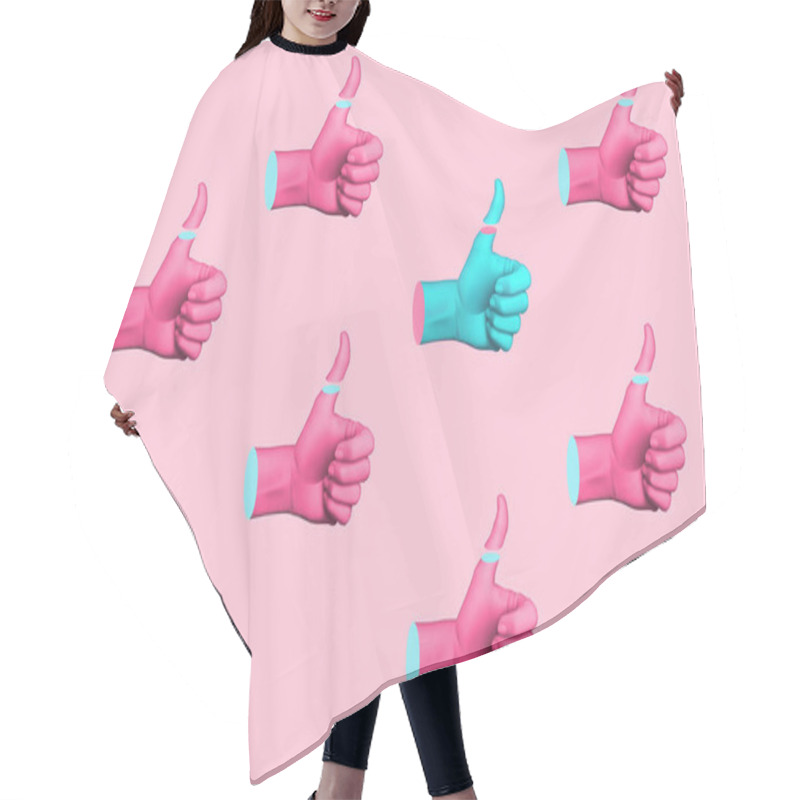 Personality  Contemporary Art Collage With Hands Showing Thumbs Up. Minimal Art, 3d Illustration. Hair Cutting Cape