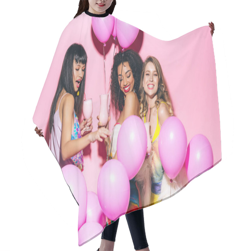 Personality  Cheerful Stylish Multiethnic Girlfriends Holding Milkshakes On Pink With Balloons Hair Cutting Cape