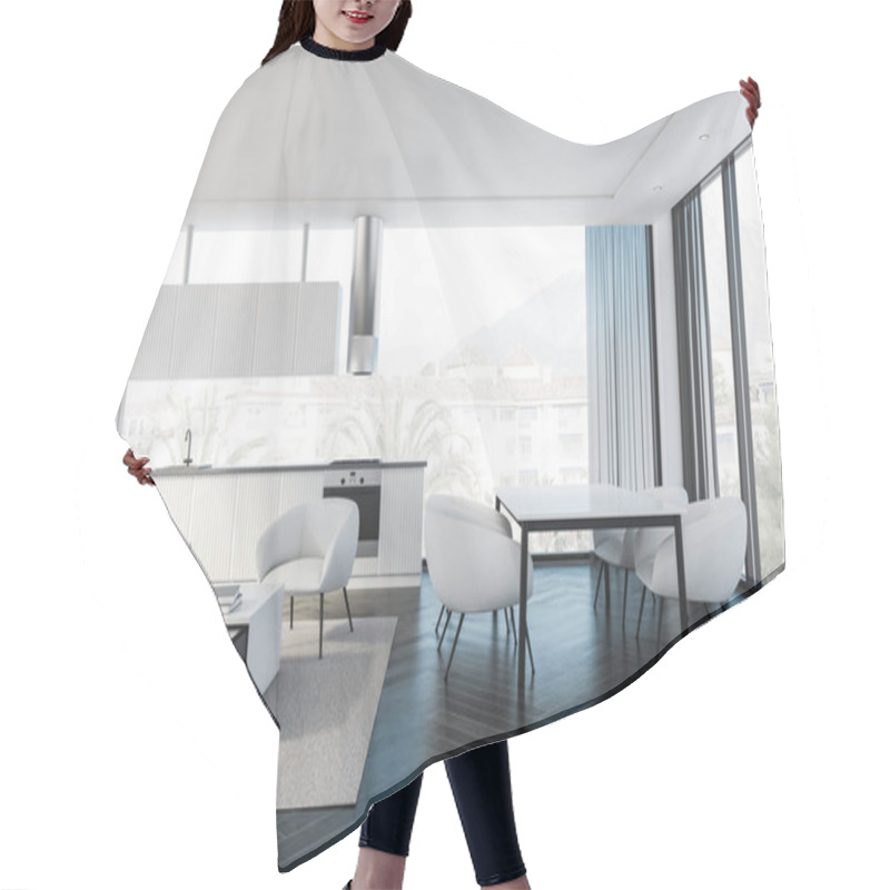 Personality  Interior Of Modern Kitchen And Dining Room With White Walls, Black Wooden Floor, White Countertops And Cupboards, Living Room Area With Armchairs And Dining Table. Blurry Cityscape. 3d Rendering Hair Cutting Cape