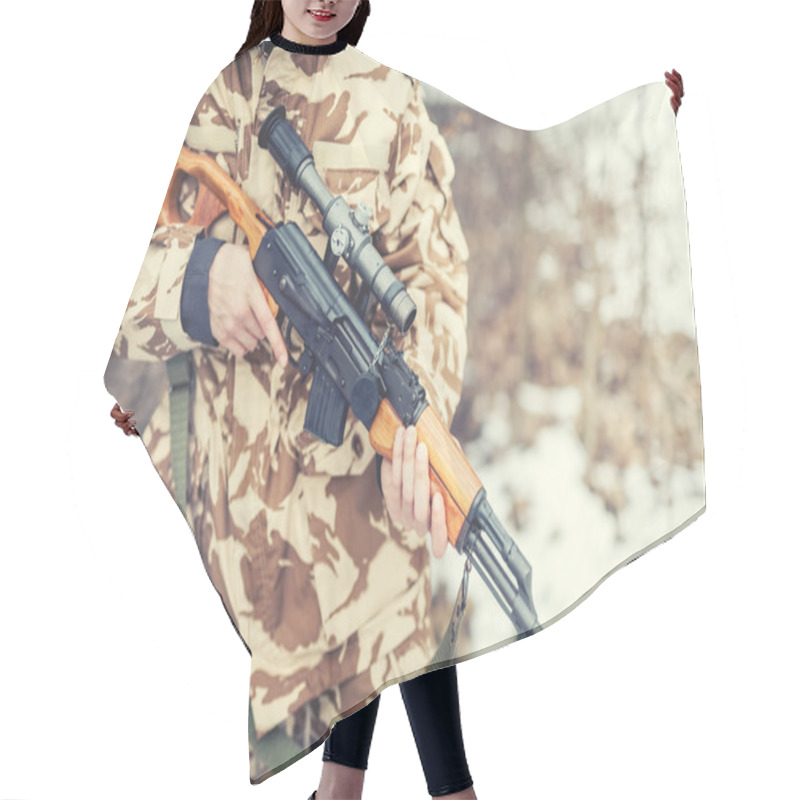 Personality  Details Of Equipment And Gun On Military Ranger - War, Hunting Or Protection Concept With Man Hair Cutting Cape