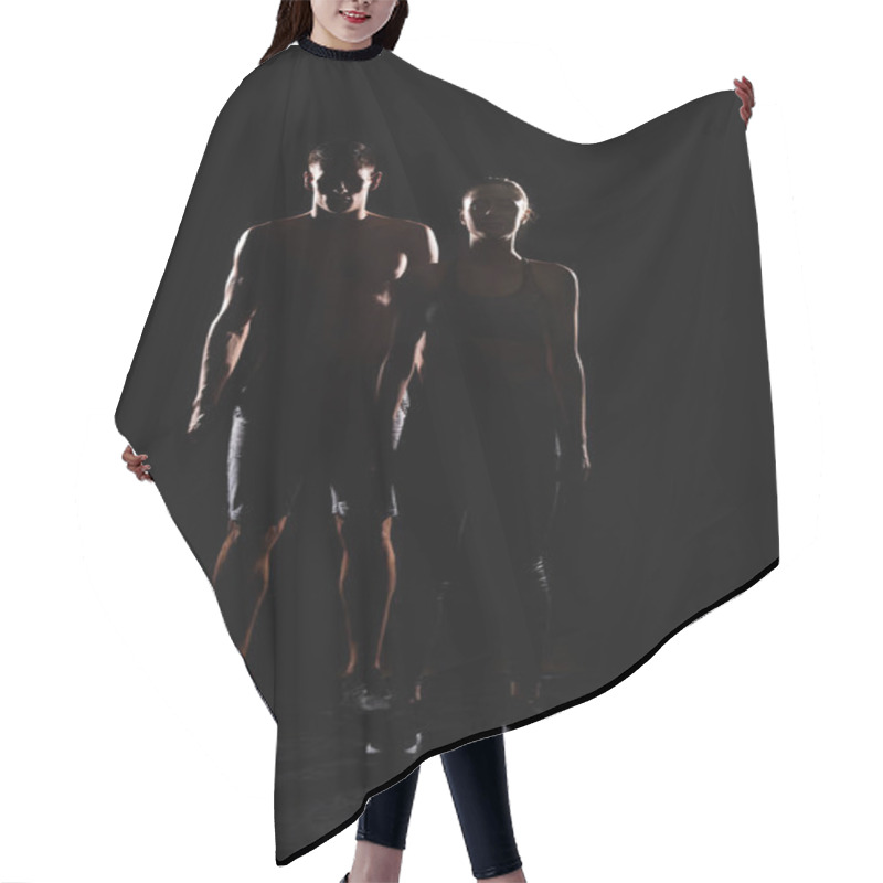 Personality  Silhouettes Of Athletic Young Couple Standing Together On Black  Hair Cutting Cape