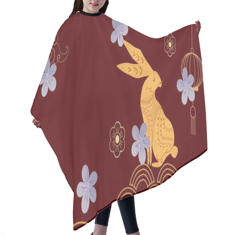 Personality  Image Of Chinese Traditional Decorations With Rabbit On Red Background. Chinese New Year, Festivity, Celebration And Tradition Concept Digitally Generated Image. Hair Cutting Cape