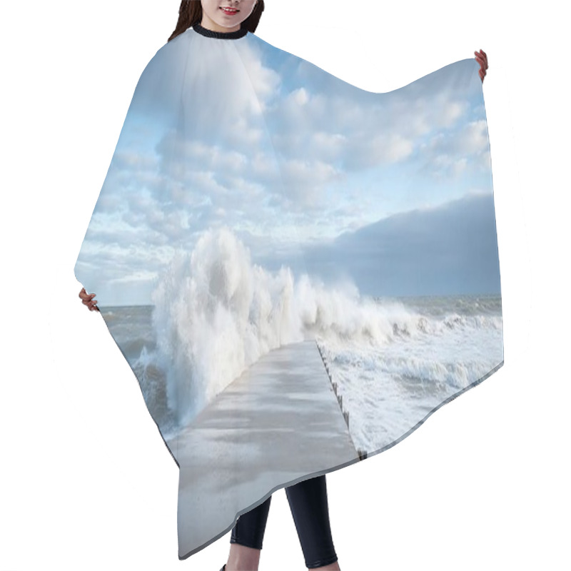 Personality  A Dramatic Ocean Scene Featuring Crashing Waves Against A Sturdy Pier, Under A Cloudy Blue Sky, Evoking Nature's Power And Beauty. Hair Cutting Cape