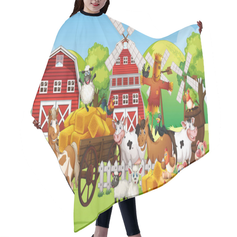 Personality  Farm Scene With Many Farm Animals Illustration Hair Cutting Cape