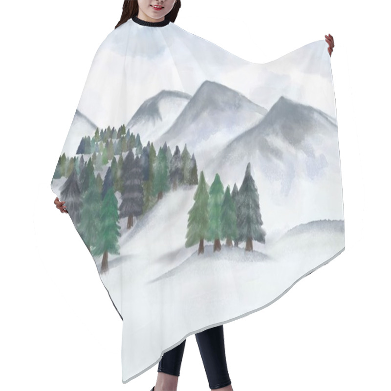 Personality  Watercolor Illustration Of Beautiful Winter Mountains With Trees. Idea For Print, Background, Cartoon, Books Hair Cutting Cape