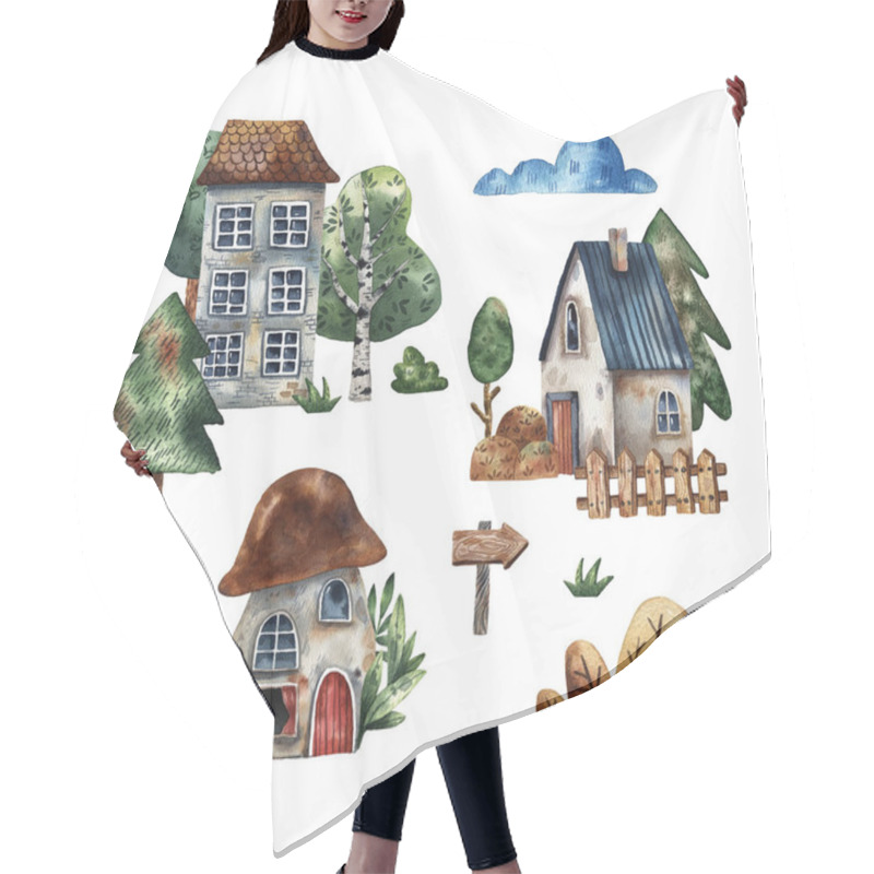 Personality  Watercolor Illustration Set Of Cute Forest Wooden Houses, Hand-drawn Illustration. Small Houses. Sweet Home. Wooden Design. Exterior. Fairy Architecture Style. Isolated Set Of Illustration. Windows And Tree. Hair Cutting Cape