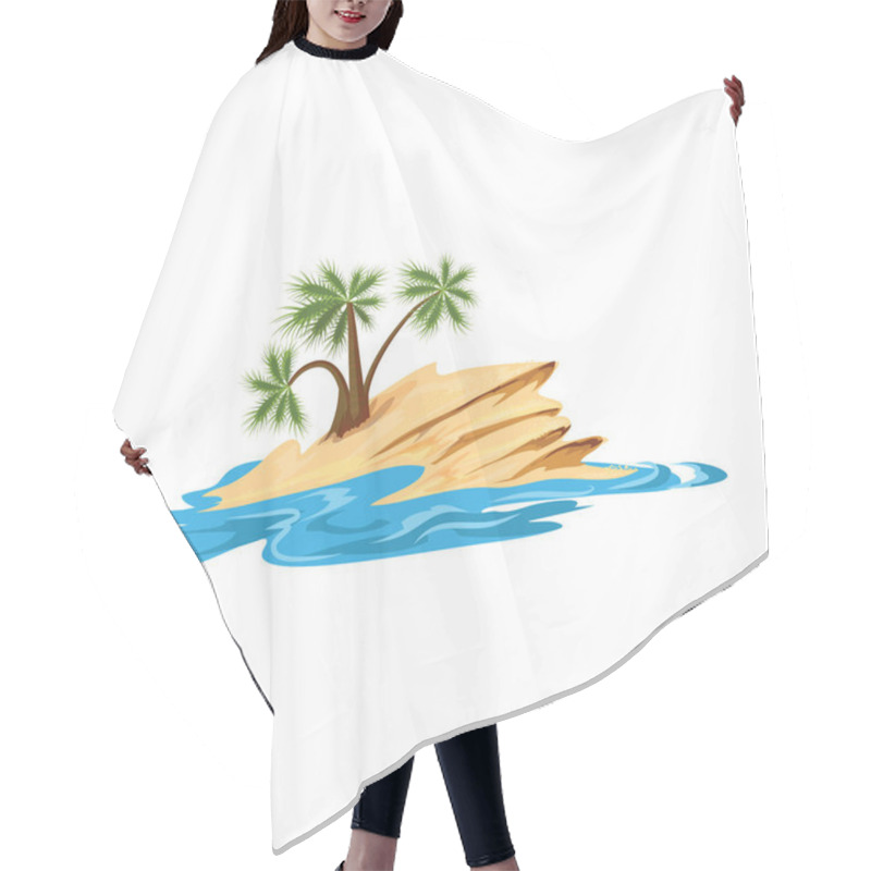 Personality  Tropical Desert Island With Tree Palm Trees On Rock. Vector Illustration In Flat Cartoon Style. Hair Cutting Cape