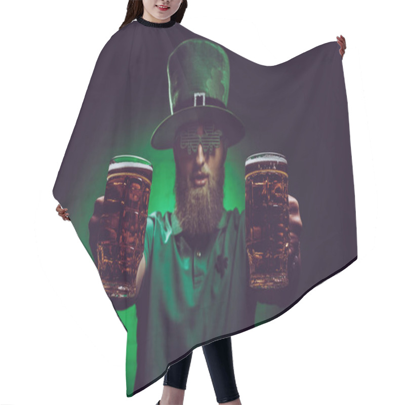 Personality  Close-up View Of Bearded Man In Green Irish Hat Holding Glasses Of Beer  Hair Cutting Cape