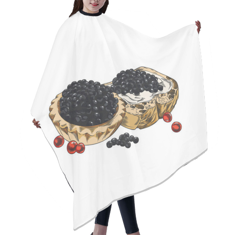 Personality  Watercolor Sketch Of Gourmet Black Caviar Appetizer On Sandwich And Tartlet, Hand Drawn Vector. Red And Black Caviar. Seafood. Outline Illustration On Isolated Background. Engraved Style. Hair Cutting Cape