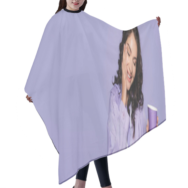 Personality  Joyful Young Woman In Raincoat Holding Paper Cup Isolated On Purple, Banner Hair Cutting Cape