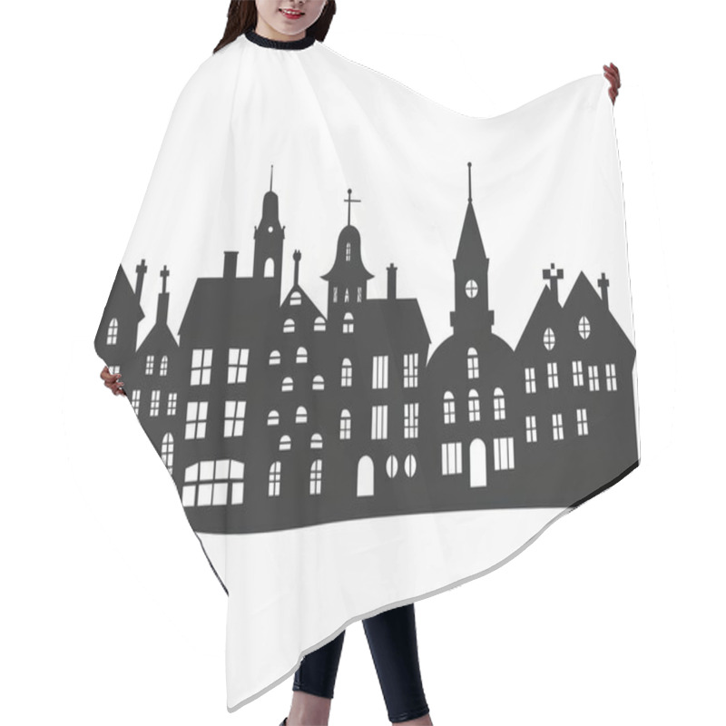 Personality  A Whimsical Silhouette Of Charming Houses Against A Light Background, Creating A Playful Urban Scene. Hair Cutting Cape