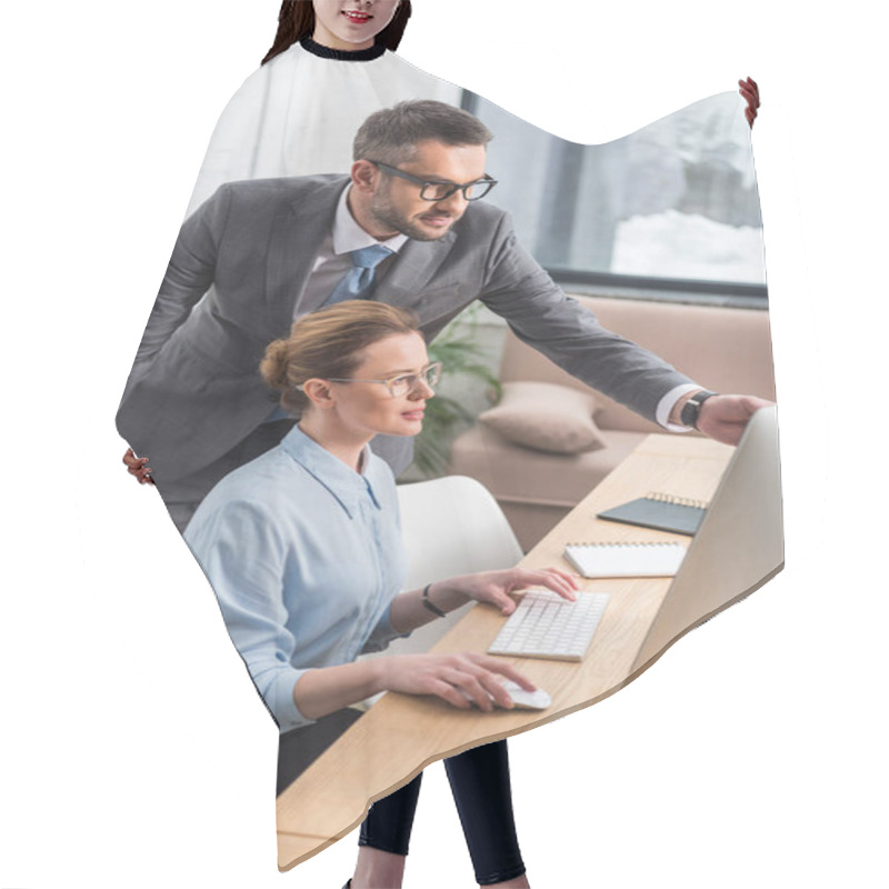 Personality  Successful Business Partners Working With Computer Together Hair Cutting Cape