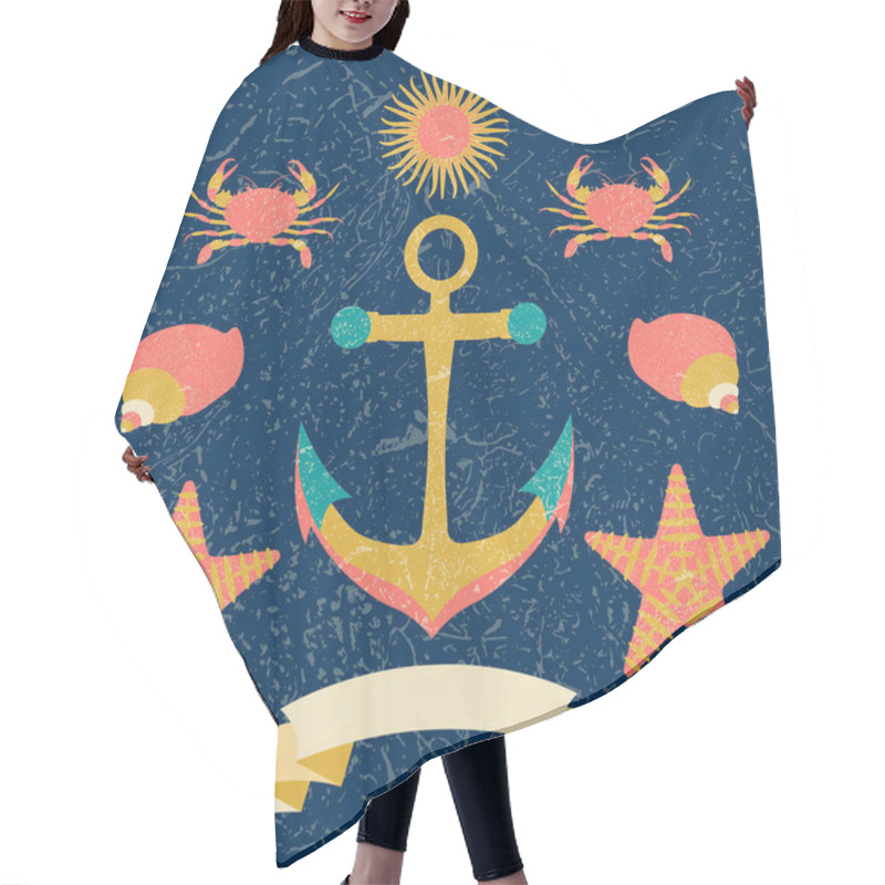 Personality  Nautical Marine Circle Children Poster. Cartoon Style With Grunge Effects Hair Cutting Cape