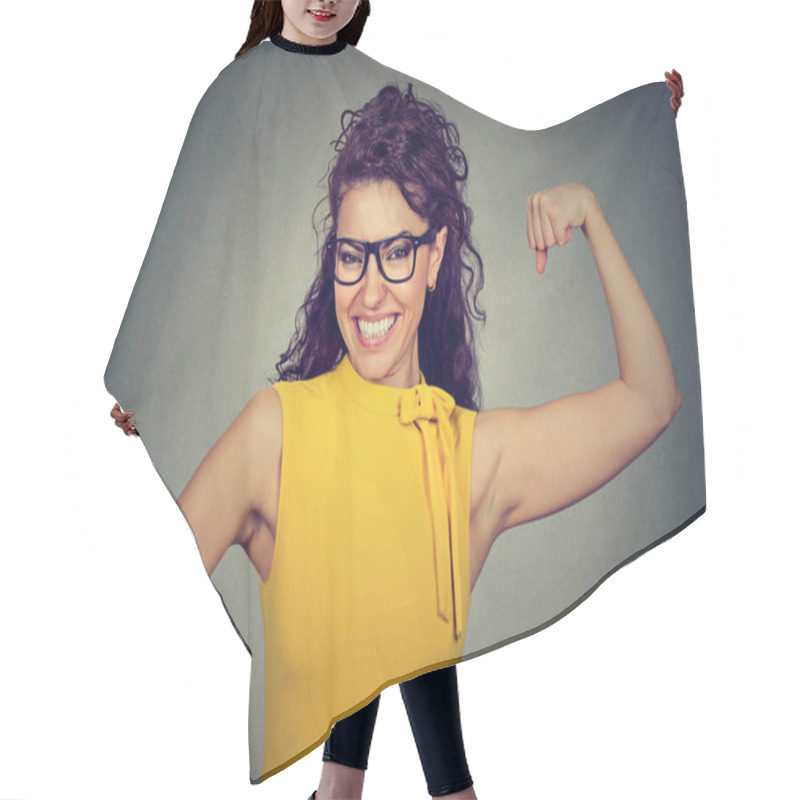 Personality  Happy Successful Strong Woman Flexing Her Biceps  Hair Cutting Cape