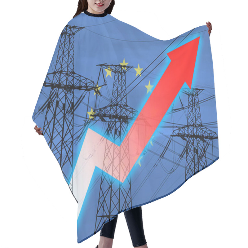 Personality  Power Line And Flag Of European Union. Energy Crisis. Concept Of Global Energy Crisis. Increase In Electricity Consumption. Arrow On The Chart Moves Up. Increasing Cost Of Electricity Hair Cutting Cape