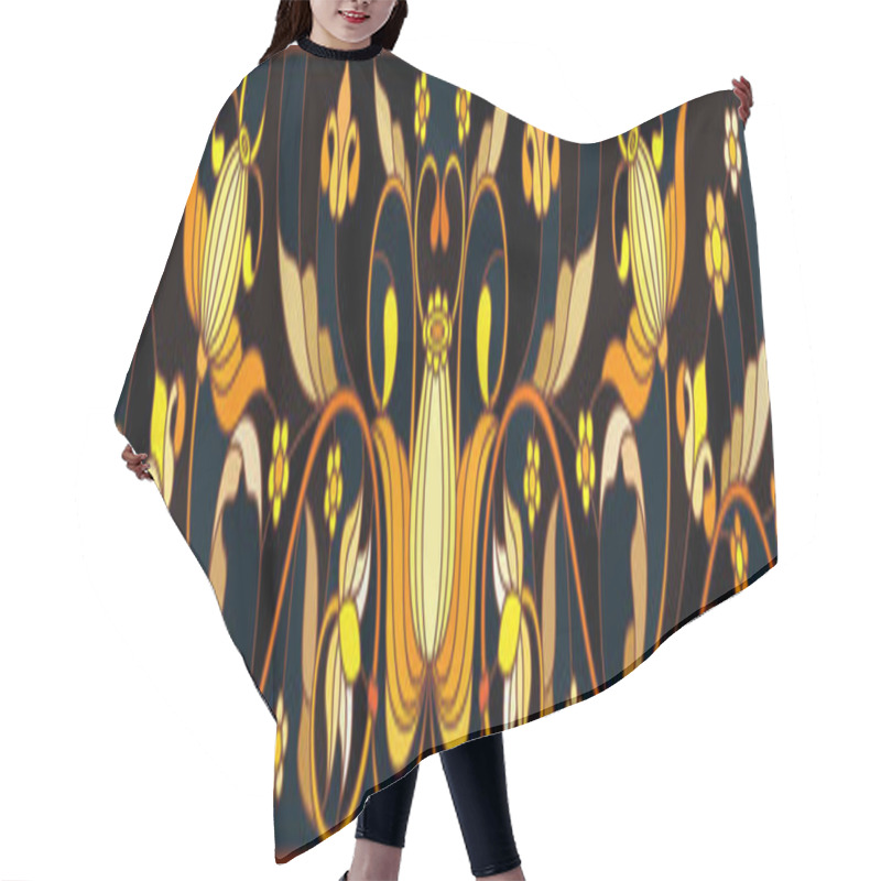 Personality  Illustration In Stained Glass Style With Floral Ornament ,imitation Gold On Dark Background With Swirls And Floral Motifs Hair Cutting Cape