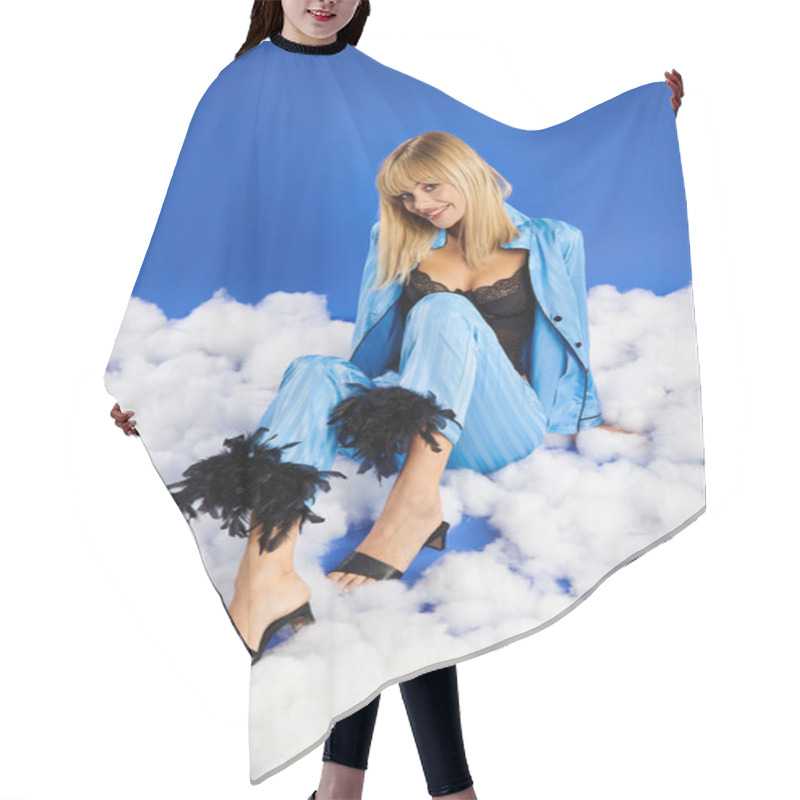 Personality  Blonde Woman In Vibrant Attire Posing Gracefully On Top Of A Pile Of Fluffy Clouds In A Blue Sky. Hair Cutting Cape