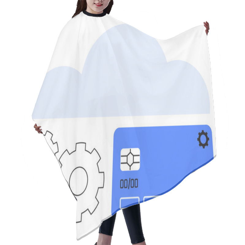 Personality  Cloud Backdrop With Gears And Credit Card, Representing Technology Integration. Ideal For Cloud Services, Financial Technology, Data Processing, Automation, Online Transactions, IT Infrastructure Hair Cutting Cape