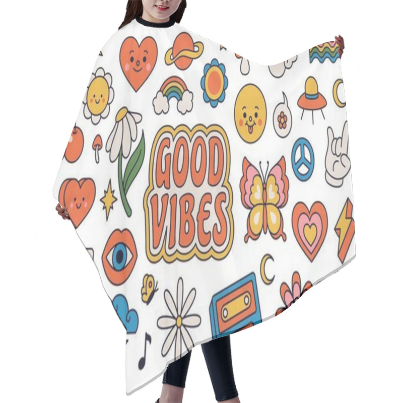 Personality  Retro 70s Groovy Elements, Cute Funky Hippy Stickers. Cartoon Daisy Flowers, Mushrooms, Peace Sign, Heart, Rainbow, Hippie Sticker Vector Set Hair Cutting Cape