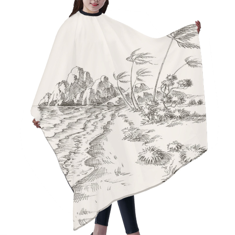 Personality  Windy Day At The Beach Hand Drawing. Wind In The Palm Trees Landscape Hair Cutting Cape