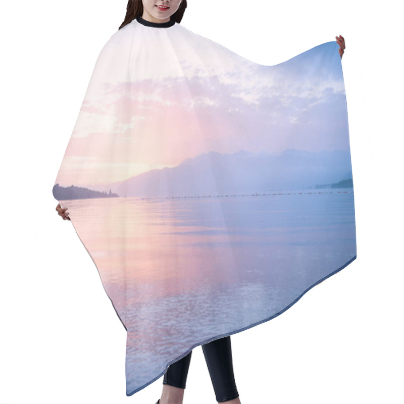 Personality  Pink And Blu Sunset In The Sea On A Background Of Mountains Hair Cutting Cape