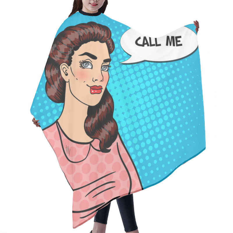 Personality  Pop Art Smiling Pretty Woman With Comic Speech Bubble Call Me. Vector Illustration Hair Cutting Cape