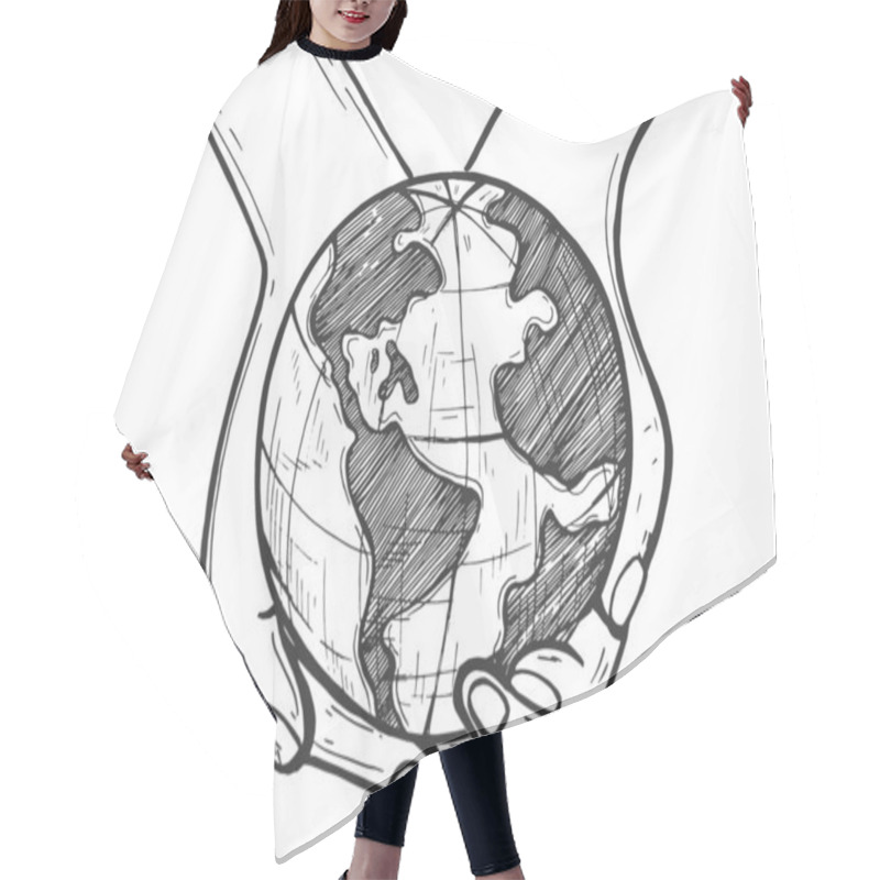 Personality  Vector Illustration Of Earth Protection Symbol. Hand Holding World Globe Planet. Protect Nature And Ecology Concept. Vintage Hand Drawn Style. Hair Cutting Cape