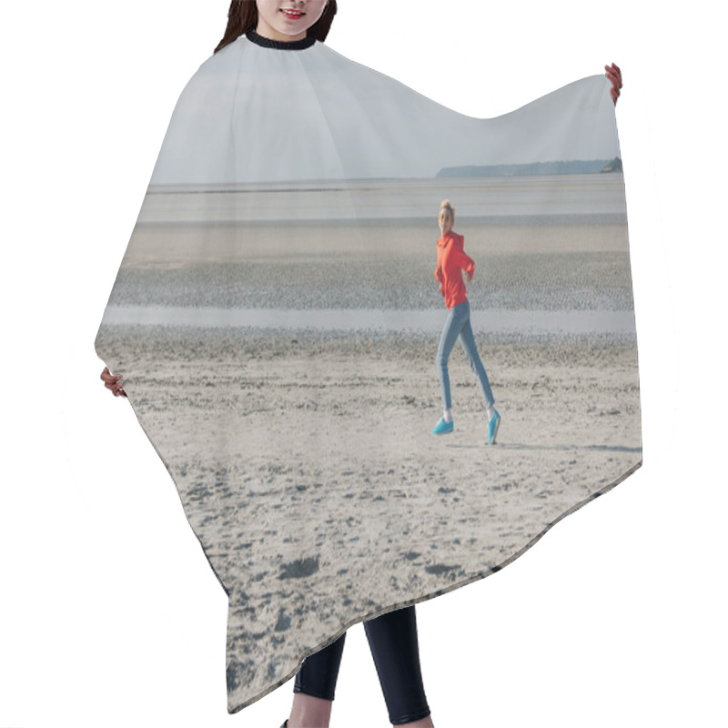 Personality  Stylish Girl Running On Sandy Beach, Saint Michaels Mount, France Hair Cutting Cape