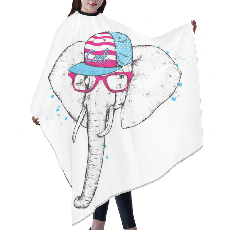 Personality  An Elephant In A Cap And Glasses. Vector Illustration. Wild Animal, Africa And Safari. Hair Cutting Cape