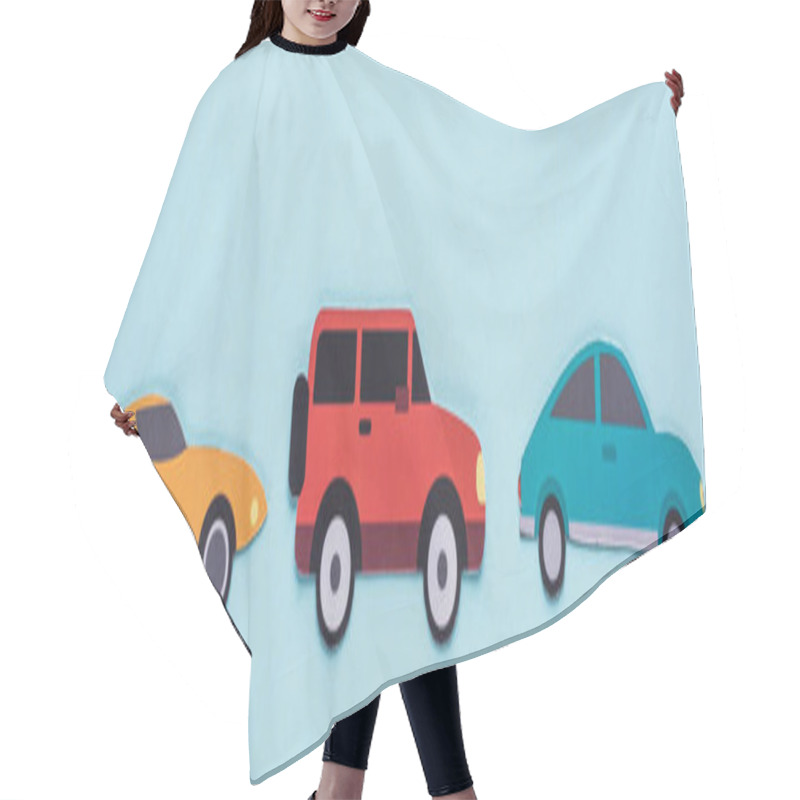 Personality  Top View Of Paper Cut Various Cars On Blue Background, Panoramic Shot Hair Cutting Cape