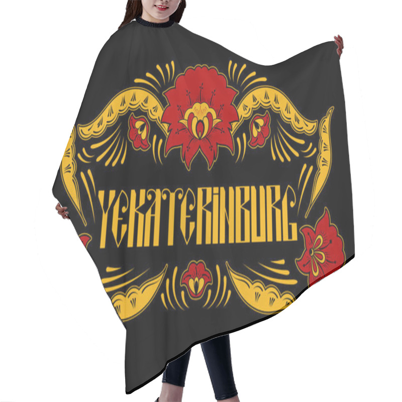 Personality  Yekaterinburg. Russia Travel Typography Illustration Vector. Russian Khokhloma Pattern Frame On Black Background. Ethnic Traditional Floral Ornament. Print For Gift Souvenir Or Tourist Card 2018. Hair Cutting Cape