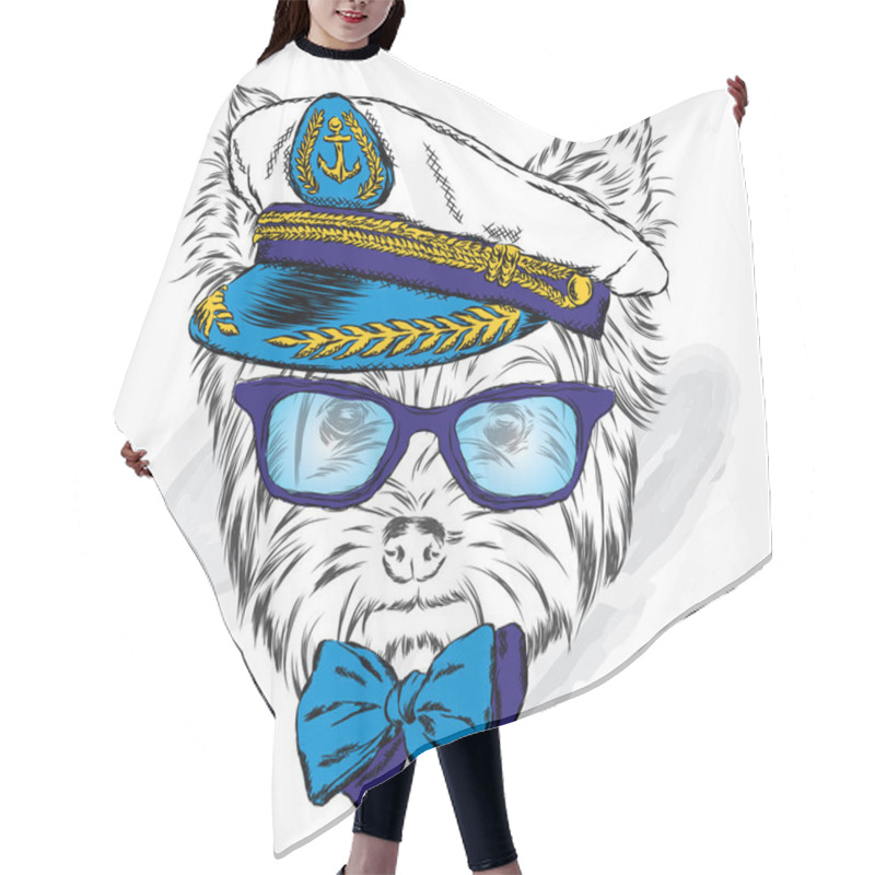 Personality  Cute Dog In The Captain's Cap. Vector Illustration. Yorkshire Terrier. Hair Cutting Cape