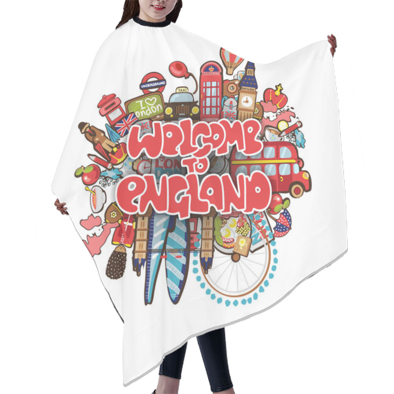 Personality  Welcome To England Vector Illustration With London Urban Elements, Icons - Big Ben, London Tower, Bus, Taxi, Post Box And Other London Elements. England And Uk Landmarks. Urban London Tower, Landmark Hair Cutting Cape