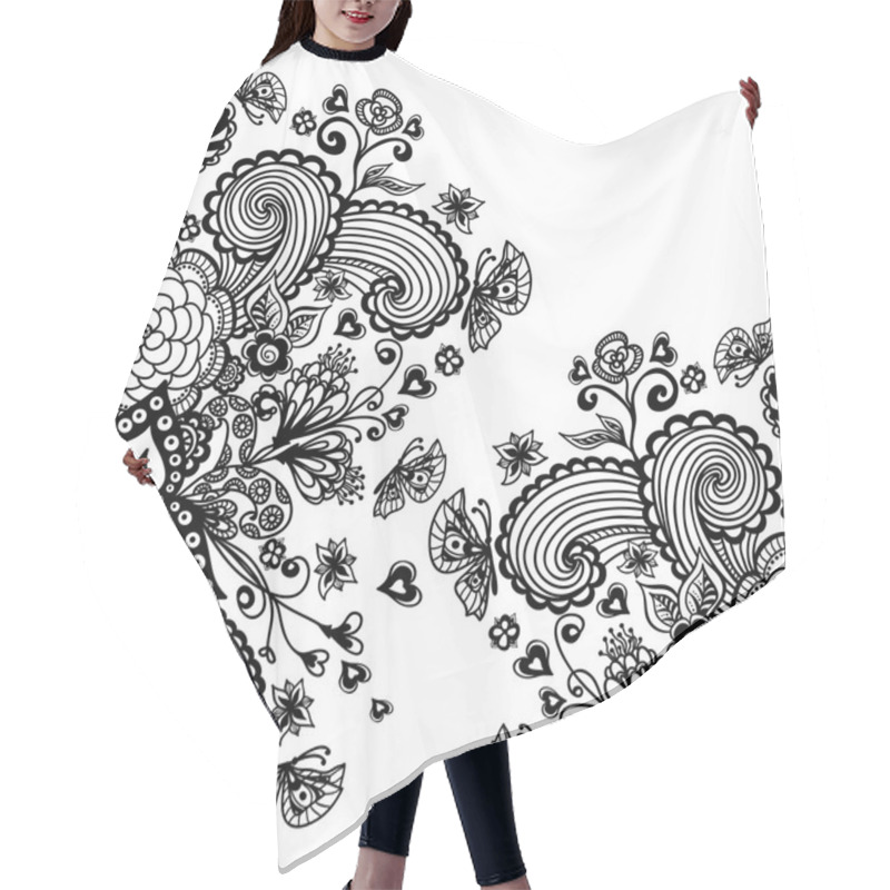 Personality  Zen-doodle Background  With Flowers Butterflies Hearts Black On White Hair Cutting Cape