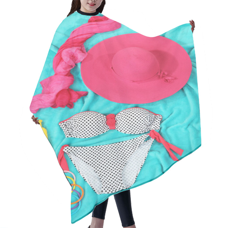 Personality  Swimsuit And Beach Items On Bright Blue Background Hair Cutting Cape