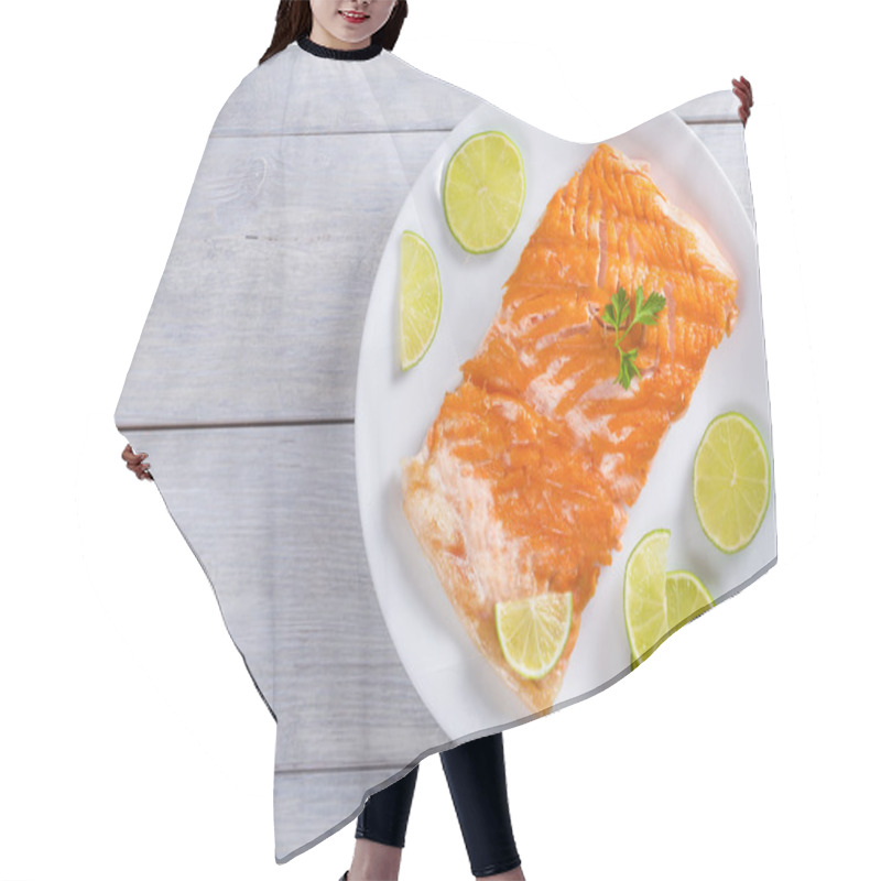 Personality  Salmon Fillet On A White Dish, Top View Hair Cutting Cape